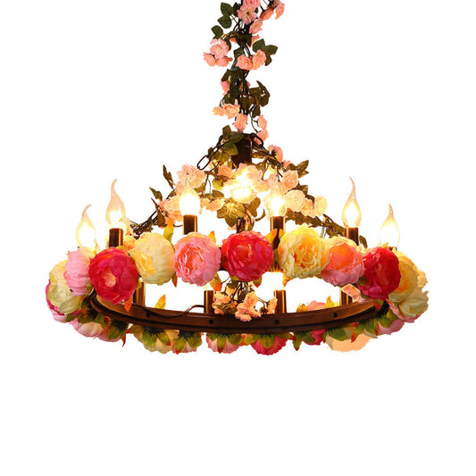 Iron Candle Chandelier Lighting Fixture Warehouse 12 Heads Dining Room Ceiling Pendant in Black with Fake Floral Deco Clearhalo 'Cast Iron' 'Ceiling Lights' 'Chandeliers' 'Industrial Chandeliers' 'Industrial' 'Metal' 'Middle Century Chandeliers' 'Rustic Chandeliers' 'Tiffany' Lighting' 784859