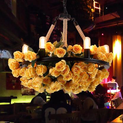 Circle Metal Ceiling Chandelier Loft Style 6 Bulbs Rope Pendant Lighting Fixture with Yellow Rose and Open Bulb Design Yellow Clearhalo 'Cast Iron' 'Ceiling Lights' 'Chandeliers' 'Industrial Chandeliers' 'Industrial' 'Metal' 'Middle Century Chandeliers' 'Rustic Chandeliers' 'Tiffany' Lighting' 784861