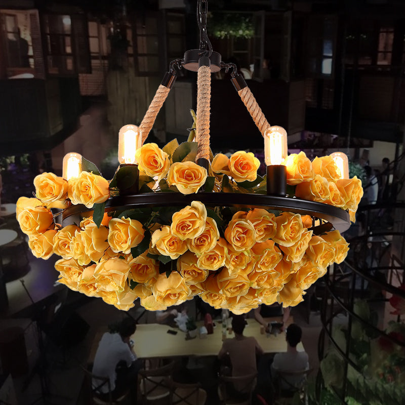Circle Metal Ceiling Chandelier Loft Style 6 Bulbs Rope Pendant Lighting Fixture with Yellow Rose and Open Bulb Design Clearhalo 'Cast Iron' 'Ceiling Lights' 'Chandeliers' 'Industrial Chandeliers' 'Industrial' 'Metal' 'Middle Century Chandeliers' 'Rustic Chandeliers' 'Tiffany' Lighting' 784862