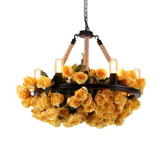 Circle Metal Ceiling Chandelier Loft Style 6 Bulbs Rope Pendant Lighting Fixture with Yellow Rose and Open Bulb Design Clearhalo 'Cast Iron' 'Ceiling Lights' 'Chandeliers' 'Industrial Chandeliers' 'Industrial' 'Metal' 'Middle Century Chandeliers' 'Rustic Chandeliers' 'Tiffany' Lighting' 784863