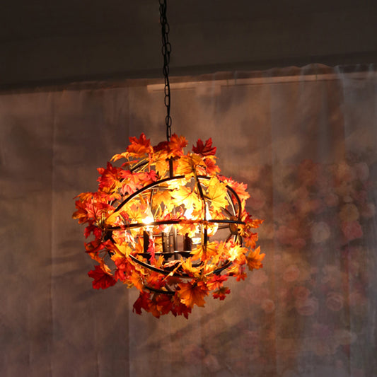 4 Heads Hanging Chandelier Vintage Globe Cage Pendant Light Kit with Red Maple Leaf Deco Clearhalo 'Cast Iron' 'Ceiling Lights' 'Chandeliers' 'Industrial Chandeliers' 'Industrial' 'Metal' 'Middle Century Chandeliers' 'Rustic Chandeliers' 'Tiffany' Lighting' 784866