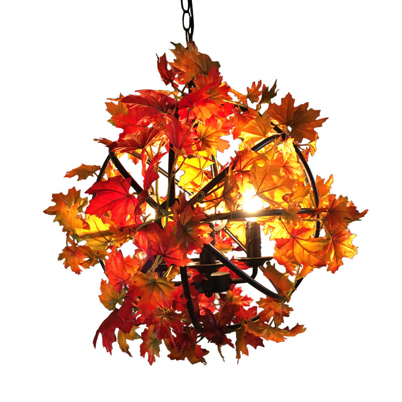 4 Heads Hanging Chandelier Vintage Globe Cage Pendant Light Kit with Red Maple Leaf Deco Clearhalo 'Cast Iron' 'Ceiling Lights' 'Chandeliers' 'Industrial Chandeliers' 'Industrial' 'Metal' 'Middle Century Chandeliers' 'Rustic Chandeliers' 'Tiffany' Lighting' 784867