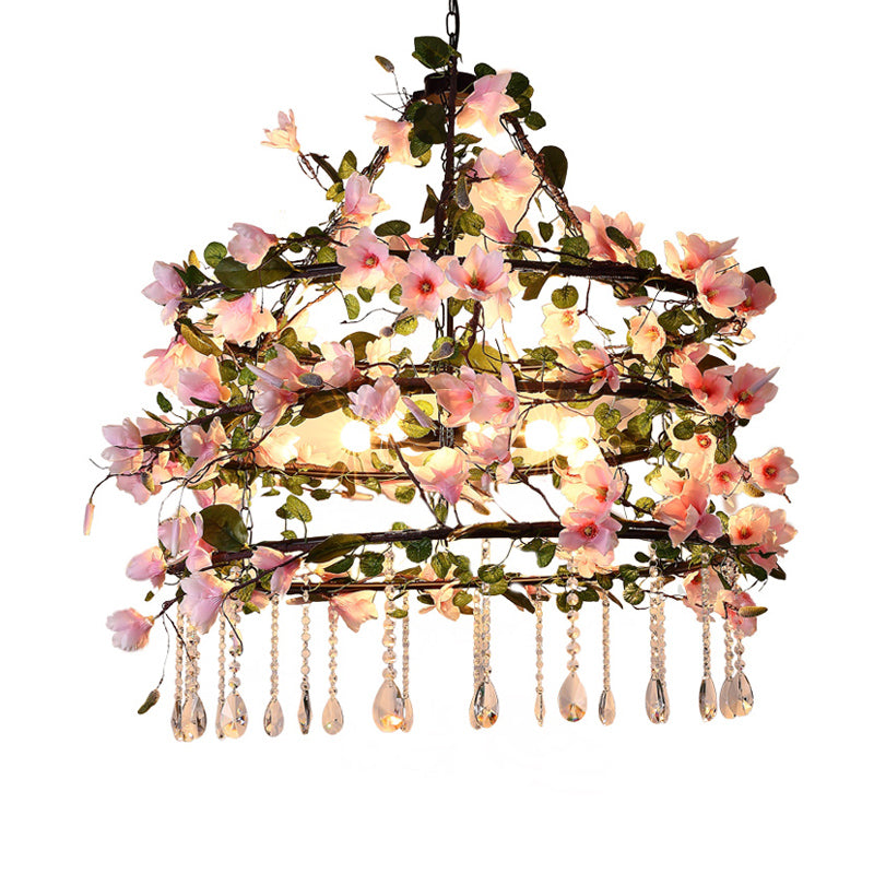 Iron Pink Chandelier Light Fixture 3 Tiers Flower 6 Heads Farm Style Hanging Pendant with Crystal Accent Clearhalo 'Cast Iron' 'Ceiling Lights' 'Chandeliers' 'Industrial Chandeliers' 'Industrial' 'Metal' 'Middle Century Chandeliers' 'Rustic Chandeliers' 'Tiffany' Lighting' 784871