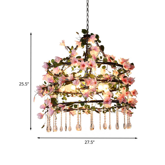 Iron Pink Chandelier Light Fixture 3 Tiers Flower 6 Heads Farm Style Hanging Pendant with Crystal Accent Clearhalo 'Cast Iron' 'Ceiling Lights' 'Chandeliers' 'Industrial Chandeliers' 'Industrial' 'Metal' 'Middle Century Chandeliers' 'Rustic Chandeliers' 'Tiffany' Lighting' 784872