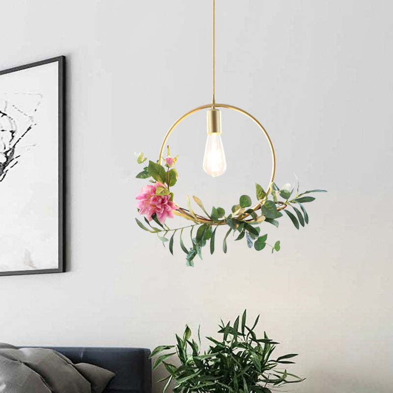 1-Light Metallic Hanging Pendant Loft Style Champagne Triangle/Round/Square Living Room Ceiling Light with Artificial Flower Deco Clearhalo 'Art Deco Pendants' 'Cast Iron' 'Ceiling Lights' 'Ceramic' 'Crystal' 'Industrial Pendants' 'Industrial' 'Metal' 'Middle Century Pendants' 'Pendant Lights' 'Pendants' 'Tiffany' Lighting' 784878