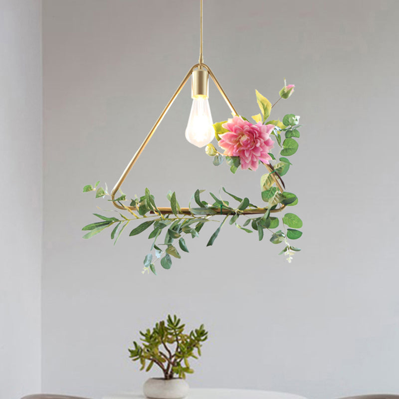 1-Light Metallic Hanging Pendant Loft Style Champagne Triangle/Round/Square Living Room Ceiling Light with Artificial Flower Deco Champagne Triangle Clearhalo 'Art Deco Pendants' 'Cast Iron' 'Ceiling Lights' 'Ceramic' 'Crystal' 'Industrial Pendants' 'Industrial' 'Metal' 'Middle Century Pendants' 'Pendant Lights' 'Pendants' 'Tiffany' Lighting' 784882