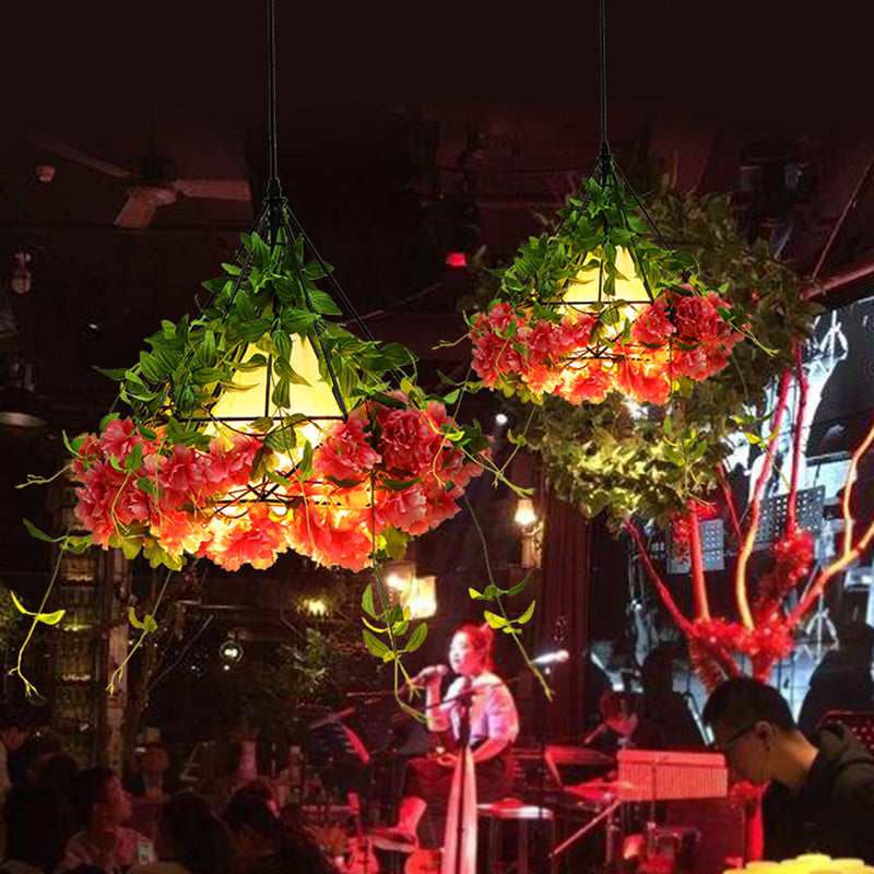 15"/18" W Green Diamond Cage Pendant Light Vintage Metal 1 Light Dining Room Fabric Ceiling Lamp with Artificial Art Plant Clearhalo 'Art Deco Pendants' 'Cast Iron' 'Ceiling Lights' 'Ceramic' 'Crystal' 'Industrial Pendants' 'Industrial' 'Metal' 'Middle Century Pendants' 'Pendant Lights' 'Pendants' 'Tiffany' Lighting' 784902