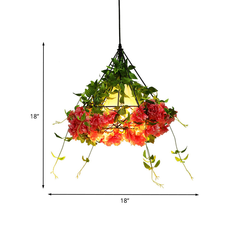 15"/18" W Green Diamond Cage Pendant Light Vintage Metal 1 Light Dining Room Fabric Ceiling Lamp with Artificial Art Plant Clearhalo 'Art Deco Pendants' 'Cast Iron' 'Ceiling Lights' 'Ceramic' 'Crystal' 'Industrial Pendants' 'Industrial' 'Metal' 'Middle Century Pendants' 'Pendant Lights' 'Pendants' 'Tiffany' Lighting' 784905