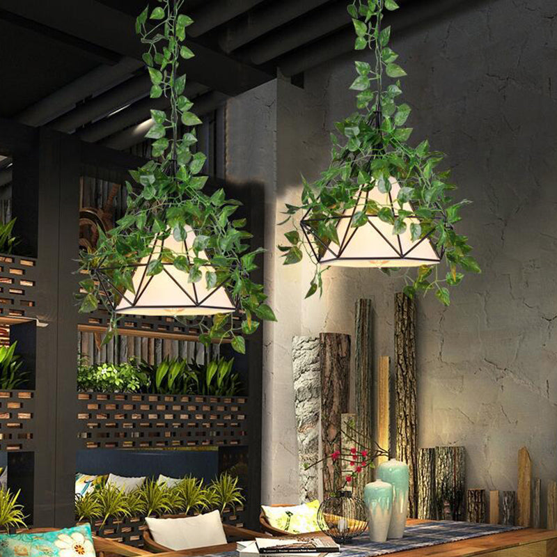 1 Bulb Diamond Cage Ceiling Pendant Farmhouse Red/Pink/Green Metal Suspension Light with Fabric Shade and Fake Flower/Leaf Deco Green Clearhalo 'Art Deco Pendants' 'Cast Iron' 'Ceiling Lights' 'Ceramic' 'Crystal' 'Industrial Pendants' 'Industrial' 'Metal' 'Middle Century Pendants' 'Pendant Lights' 'Pendants' 'Tiffany' Lighting' 784910