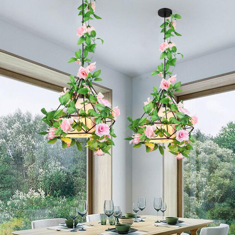 1 Bulb Diamond Cage Ceiling Pendant Farmhouse Red/Pink/Green Metal Suspension Light with Fabric Shade and Fake Flower/Leaf Deco Pink-Green Clearhalo 'Art Deco Pendants' 'Cast Iron' 'Ceiling Lights' 'Ceramic' 'Crystal' 'Industrial Pendants' 'Industrial' 'Metal' 'Middle Century Pendants' 'Pendant Lights' 'Pendants' 'Tiffany' Lighting' 784914