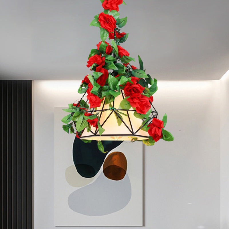 1 Bulb Diamond Cage Ceiling Pendant Farmhouse Red/Pink/Green Metal Suspension Light with Fabric Shade and Fake Flower/Leaf Deco Clearhalo 'Art Deco Pendants' 'Cast Iron' 'Ceiling Lights' 'Ceramic' 'Crystal' 'Industrial Pendants' 'Industrial' 'Metal' 'Middle Century Pendants' 'Pendant Lights' 'Pendants' 'Tiffany' Lighting' 784919