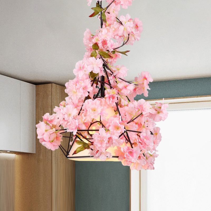 1 Bulb Diamond Cage Ceiling Pendant Farmhouse Red/Pink/Green Metal Suspension Light with Fabric Shade and Fake Flower/Leaf Deco Pink Clearhalo 'Art Deco Pendants' 'Cast Iron' 'Ceiling Lights' 'Ceramic' 'Crystal' 'Industrial Pendants' 'Industrial' 'Metal' 'Middle Century Pendants' 'Pendant Lights' 'Pendants' 'Tiffany' Lighting' 784922