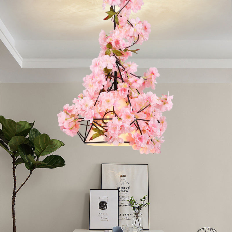 1 Bulb Diamond Cage Ceiling Pendant Farmhouse Red/Pink/Green Metal Suspension Light with Fabric Shade and Fake Flower/Leaf Deco Clearhalo 'Art Deco Pendants' 'Cast Iron' 'Ceiling Lights' 'Ceramic' 'Crystal' 'Industrial Pendants' 'Industrial' 'Metal' 'Middle Century Pendants' 'Pendant Lights' 'Pendants' 'Tiffany' Lighting' 784923