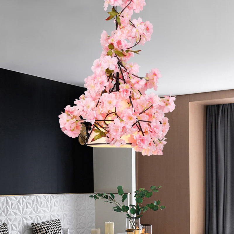 1 Bulb Diamond Cage Ceiling Pendant Farmhouse Red/Pink/Green Metal Suspension Light with Fabric Shade and Fake Flower/Leaf Deco Clearhalo 'Art Deco Pendants' 'Cast Iron' 'Ceiling Lights' 'Ceramic' 'Crystal' 'Industrial Pendants' 'Industrial' 'Metal' 'Middle Century Pendants' 'Pendant Lights' 'Pendants' 'Tiffany' Lighting' 784924