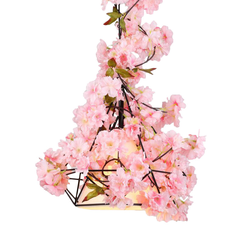 1 Bulb Diamond Cage Ceiling Pendant Farmhouse Red/Pink/Green Metal Suspension Light with Fabric Shade and Fake Flower/Leaf Deco Clearhalo 'Art Deco Pendants' 'Cast Iron' 'Ceiling Lights' 'Ceramic' 'Crystal' 'Industrial Pendants' 'Industrial' 'Metal' 'Middle Century Pendants' 'Pendant Lights' 'Pendants' 'Tiffany' Lighting' 784925