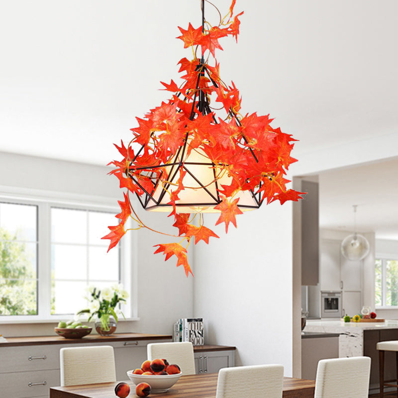 1 Bulb Diamond Cage Ceiling Pendant Farmhouse Red/Pink/Green Metal Suspension Light with Fabric Shade and Fake Flower/Leaf Deco Clearhalo 'Art Deco Pendants' 'Cast Iron' 'Ceiling Lights' 'Ceramic' 'Crystal' 'Industrial Pendants' 'Industrial' 'Metal' 'Middle Century Pendants' 'Pendant Lights' 'Pendants' 'Tiffany' Lighting' 784927