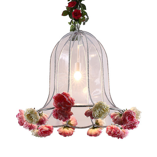 Bell Metallic Hanging Light Kit Warehouse 1 Bulb Restaurant Pendant Lamp with Artificial Flower Deco Clearhalo 'Ceiling Lights' 'Glass shade' 'Glass' 'Industrial Pendants' 'Industrial' 'Middle Century Pendants' 'Pendant Lights' 'Pendants' 'Tiffany' Lighting' 784931