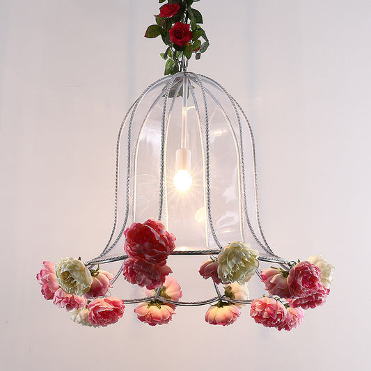Bell Metallic Hanging Light Kit Warehouse 1 Bulb Restaurant Pendant Lamp with Artificial Flower Deco Clearhalo 'Ceiling Lights' 'Glass shade' 'Glass' 'Industrial Pendants' 'Industrial' 'Middle Century Pendants' 'Pendant Lights' 'Pendants' 'Tiffany' Lighting' 784932