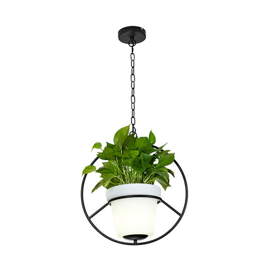 Metal Black Hanging Pendant Light Round/Flower Frame 1 Bulb Farmhouse Ceiling Lamp with Bucket Planter Clearhalo 'Art Deco Pendants' 'Black' 'Cast Iron' 'Ceiling Lights' 'Ceramic' 'Crystal' 'Industrial Pendants' 'Industrial' 'Metal' 'Middle Century Pendants' 'Pendant Lights' 'Pendants' 'Rustic Pendants' 'Tiffany' Lighting' 784960