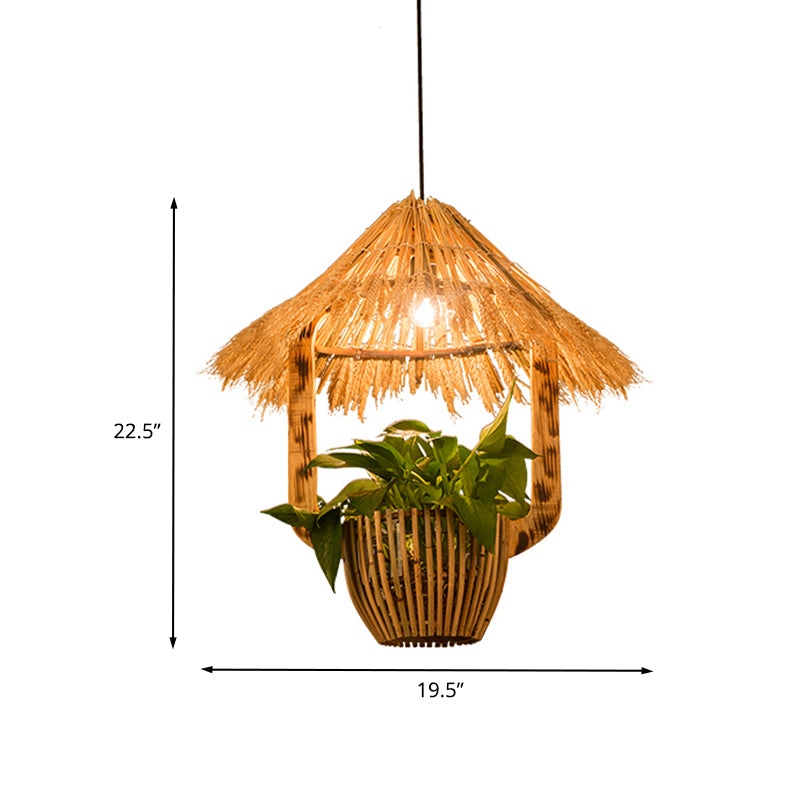 1 Head Rattan Pendant Lighting Industrial Brown Hut Plant Pot Restaurant Pendulum Light Clearhalo 'Ceiling Lights' 'Industrial Pendants' 'Industrial' 'Middle Century Pendants' 'Pendant Lights' 'Pendants' 'Tiffany' Lighting' 784979