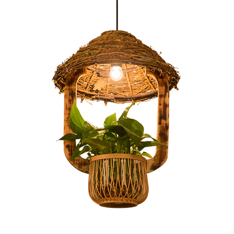 1 Head Rattan Pendant Lighting Industrial Brown Hut Plant Pot Restaurant Pendulum Light Clearhalo 'Ceiling Lights' 'Industrial Pendants' 'Industrial' 'Middle Century Pendants' 'Pendant Lights' 'Pendants' 'Tiffany' Lighting' 784982