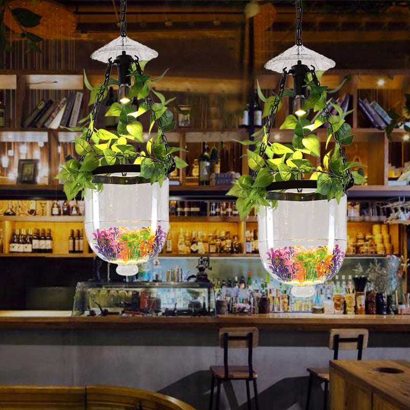 Cloche Dining Room Pendant Light Warehouse Clear Glass 1 Head Black Finish Suspension Lighting with Urn Plant Pot Deco Clearhalo 'Art Deco Pendants' 'Cast Iron' 'Ceiling Lights' 'Ceramic' 'Crystal' 'Industrial Pendants' 'Industrial' 'Metal' 'Middle Century Pendants' 'Pendant Lights' 'Pendants' 'Tiffany' Lighting' 784986