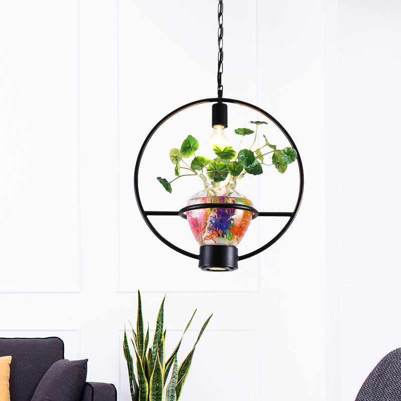 Black Round/Square Frame Hanging Lamp Factory Metallic 1 Head Dining Room Pendant Lighting Fixture with Urn Plant Pot Black Round Clearhalo 'Art Deco Pendants' 'Black' 'Cast Iron' 'Ceiling Lights' 'Ceramic' 'Crystal' 'Industrial Pendants' 'Industrial' 'Metal' 'Middle Century Pendants' 'Pendant Lights' 'Pendants' 'Rustic Pendants' 'Tiffany' Lighting' 784989