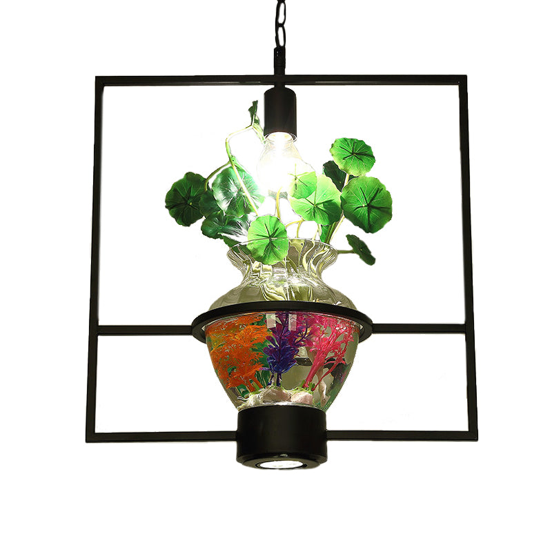 Black Round/Square Frame Hanging Lamp Factory Metallic 1 Head Dining Room Pendant Lighting Fixture with Urn Plant Pot Clearhalo 'Art Deco Pendants' 'Black' 'Cast Iron' 'Ceiling Lights' 'Ceramic' 'Crystal' 'Industrial Pendants' 'Industrial' 'Metal' 'Middle Century Pendants' 'Pendant Lights' 'Pendants' 'Rustic Pendants' 'Tiffany' Lighting' 784996