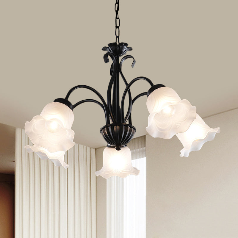 Country Floral Chandelier Lamp 5/6/8 Heads Frosted Glass Pendant Light Fixture in Black with Twisted Arm 5 Black Clearhalo 'Ceiling Lights' 'Chandeliers' Lighting' options 785007_bce463ad-cfcb-4196-afe9-7ea0597a855e