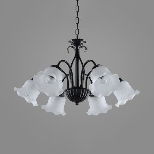Country Floral Chandelier Lamp 5/6/8 Heads Frosted Glass Pendant Light Fixture in Black with Twisted Arm Clearhalo 'Ceiling Lights' 'Chandeliers' Lighting' options 785015