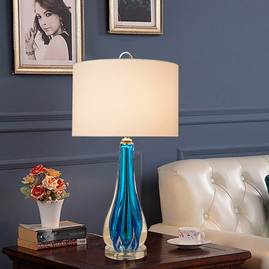 Fabric White Table Lamp Cylinder 1-Light Traditional Night Light with Blue/Gold Vase Base Blue Clearhalo 'Lamps' 'Table Lamps' Lighting' 785068