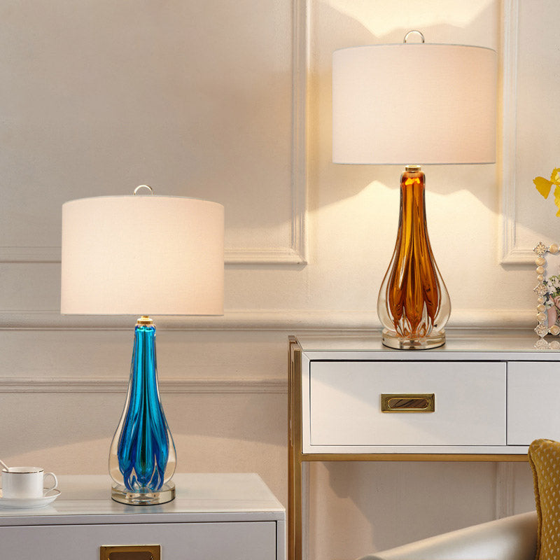 Fabric White Table Lamp Cylinder 1-Light Traditional Night Light with Blue/Gold Vase Base Gold Clearhalo 'Lamps' 'Table Lamps' Lighting' 785072