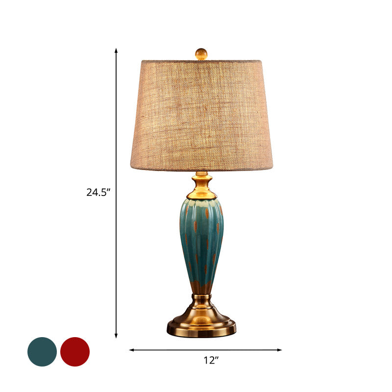 1 Bulb Ceramic Nightstand Lamp Country Red/Blue Urn-Shaped Bedroom Table Lighting with Drum Fabric Shade Clearhalo 'Lamps' 'Table Lamps' Lighting' 785101