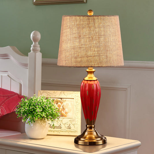 1 Bulb Ceramic Nightstand Lamp Country Red/Blue Urn-Shaped Bedroom Table Lighting with Drum Fabric Shade Red Clearhalo 'Lamps' 'Table Lamps' Lighting' 785102