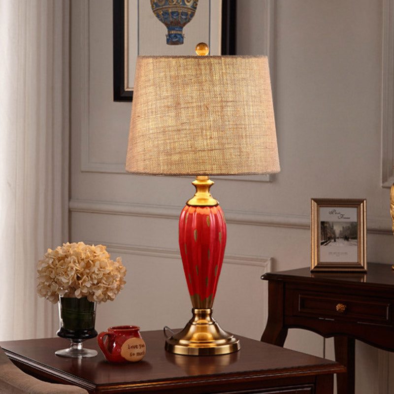 1 Bulb Ceramic Nightstand Lamp Country Red/Blue Urn-Shaped Bedroom Table Lighting with Drum Fabric Shade Clearhalo 'Lamps' 'Table Lamps' Lighting' 785103