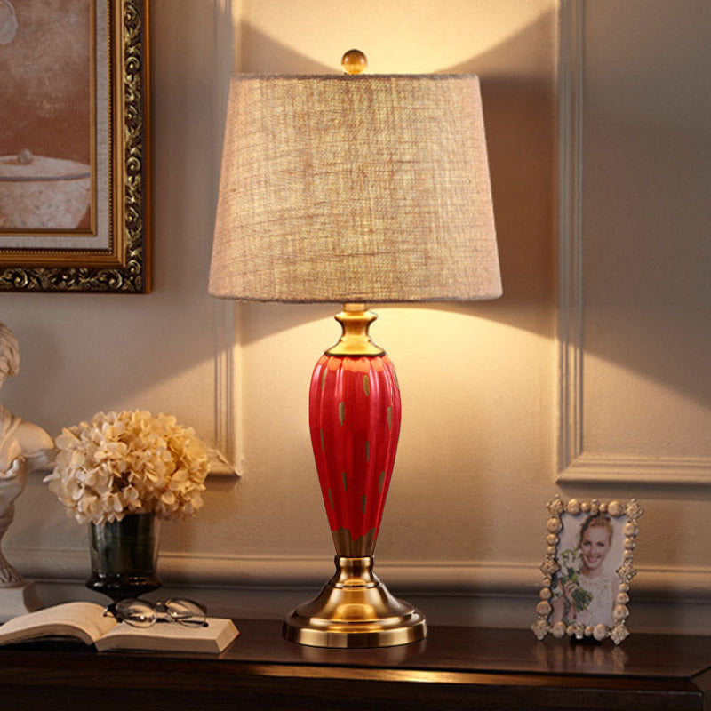 1 Bulb Ceramic Nightstand Lamp Country Red/Blue Urn-Shaped Bedroom Table Lighting with Drum Fabric Shade Clearhalo 'Lamps' 'Table Lamps' Lighting' 785104