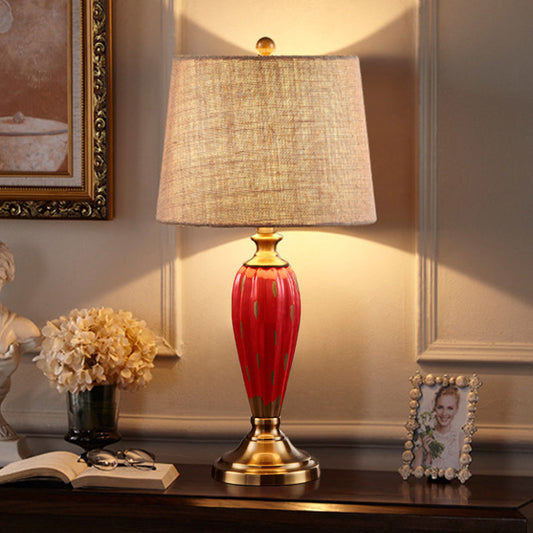1 Bulb Ceramic Nightstand Lamp Country Red/Blue Urn-Shaped Bedroom Table Lighting with Drum Fabric Shade Clearhalo 'Lamps' 'Table Lamps' Lighting' 785104