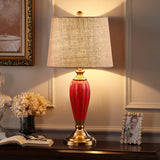 1 Bulb Ceramic Nightstand Lamp Country Red/Blue Urn-Shaped Bedroom Table Lighting with Drum Fabric Shade Clearhalo 'Lamps' 'Table Lamps' Lighting' 785104