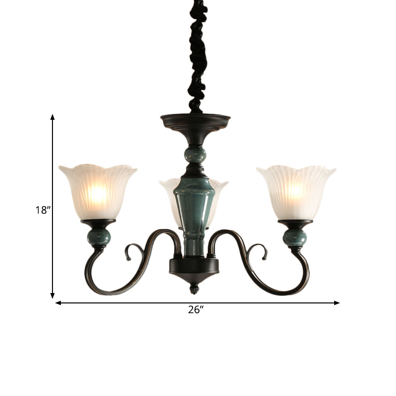 3/6-Light Pendant Light Rural Style Frosted Ribbed Glass Chandelier Lighting Fixture in Black with Swirl Arm Clearhalo 'Ceiling Lights' 'Chandeliers' Lighting' options 785123