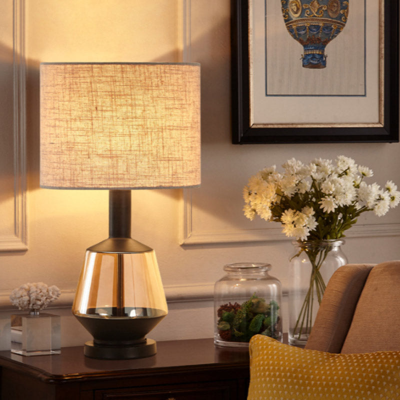 Cylinder Bedroom Nightstand Light Country Fabric 1-Bulb White/Beige Night Lamp with Urn Amber Glass Base Clearhalo 'Lamps' 'Table Lamps' Lighting' 785129