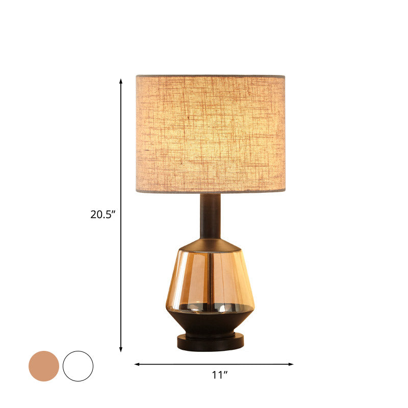 Cylinder Bedroom Nightstand Light Country Fabric 1-Bulb White/Beige Night Lamp with Urn Amber Glass Base Clearhalo 'Lamps' 'Table Lamps' Lighting' 785132
