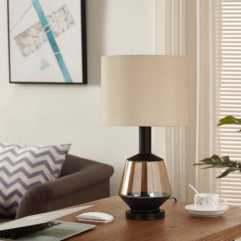 Cylinder Bedroom Nightstand Light Country Fabric 1-Bulb White/Beige Night Lamp with Urn Amber Glass Base Clearhalo 'Lamps' 'Table Lamps' Lighting' 785134