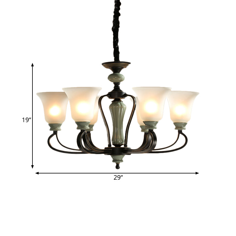 6/8 Heads Frosted Glass Chandelier Traditional Black Finish Bell Living Room Pendant Light Kit with Swirl Arm Clearhalo 'Ceiling Lights' 'Chandeliers' Lighting' options 785149
