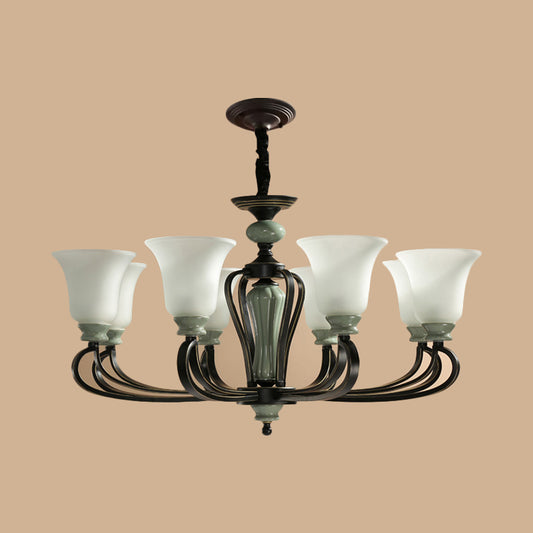 6/8 Heads Frosted Glass Chandelier Traditional Black Finish Bell Living Room Pendant Light Kit with Swirl Arm Clearhalo 'Ceiling Lights' 'Chandeliers' Lighting' options 785153