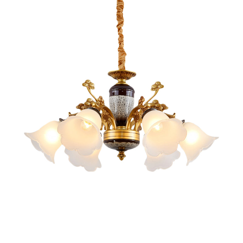White Glass Floral Pendant Lighting Traditional 6 Lights Living Room Chandelier Lamp in Gold Clearhalo 'Ceiling Lights' 'Chandeliers' Lighting' options 785205