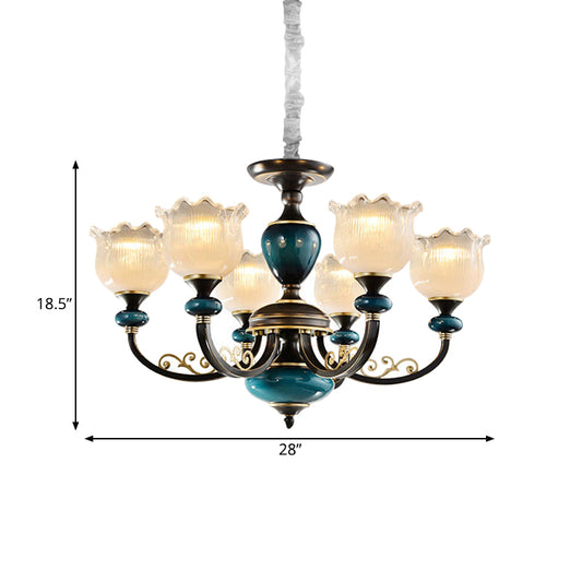 3/6 Bulbs Blossom Hanging Light Kit Classic Black Finish Clear Ribbed Glass Pendant Chandelier Clearhalo 'Ceiling Lights' 'Chandeliers' Lighting' options 785216