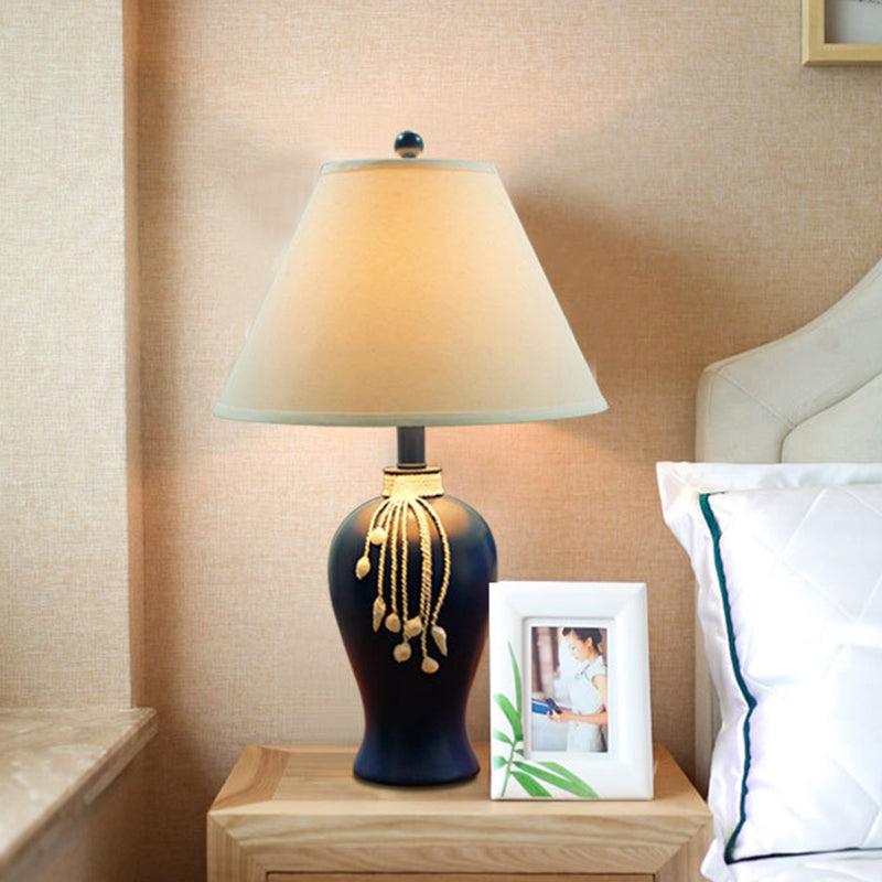 1-Light Fabric Night Lamp Rustic White Conic Bedroom Nightstand Light with Blue Ceramic Bottle Base Clearhalo 'Lamps' 'Table Lamps' Lighting' 785294