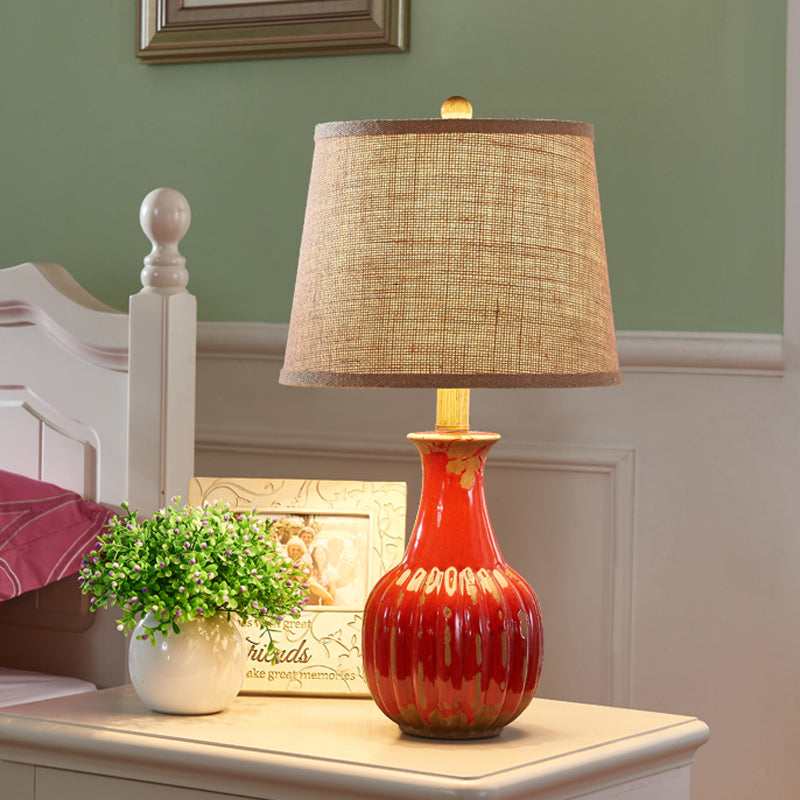 1 Light Ceramic Night Light Rural Style Red/Blue Vase Bedroom Nightstand Lamp with Tapered Drum Fabric Shade Clearhalo 'Lamps' 'Table Lamps' Lighting' 785302