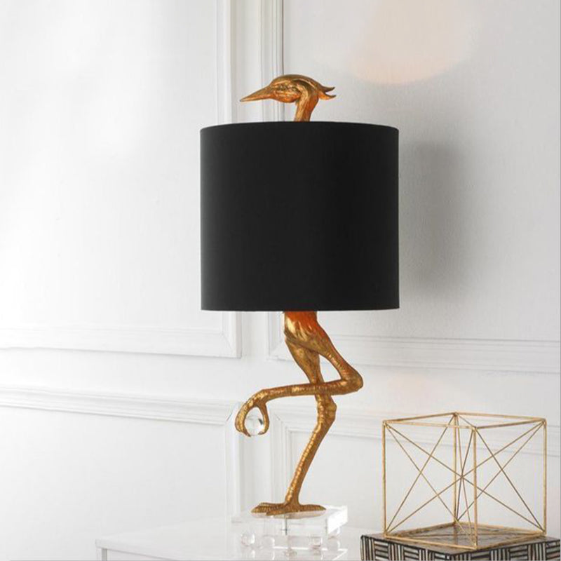 Ostrich Resin Night Table Light Classic 1 Light Bedroom Nightstand Lamp in Gold with Cylinder Fabric Shade Gold Clearhalo 'Lamps' 'Table Lamps' Lighting' 785327
