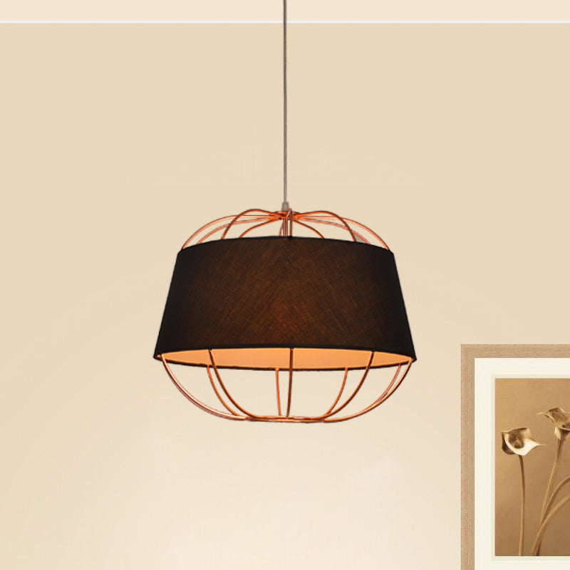 1 Bulb Pendant Light Kit Country Tapered Drum Fabric Hanging Lamp in White/Black with Wire Cage Clearhalo 'Ceiling Lights' 'Pendant Lights' 'Pendants' Lighting' 785430